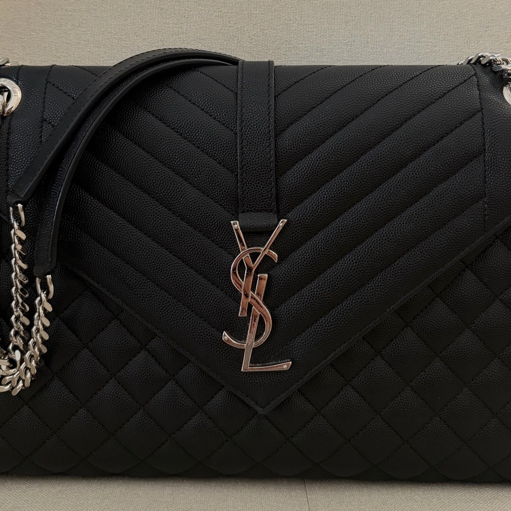 Saint Laurent Black Quilted Chevron Shoulder Bag with Silver YSL